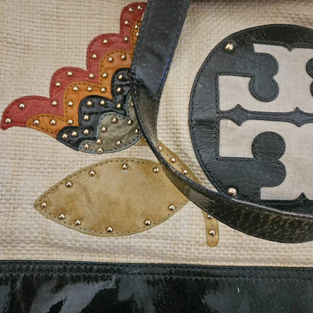 Tory Burch Cream Canvas Tote with Black Trim and Multicolor Butterfly Appliqués